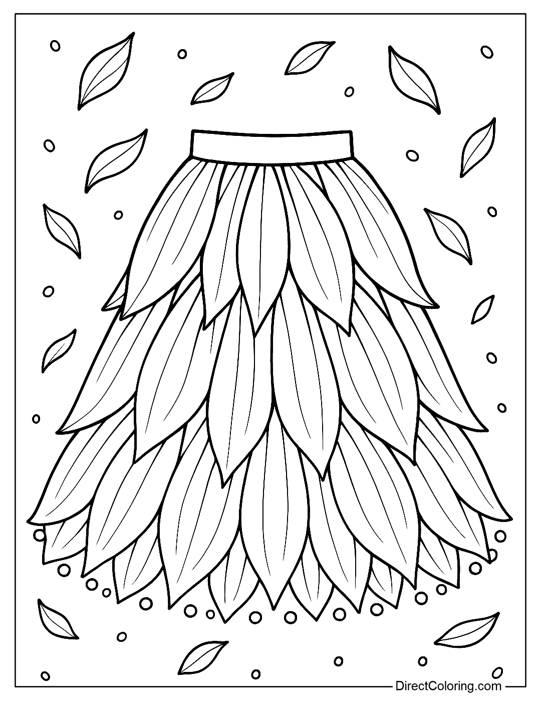 Coloring page for a flared skirt made from sunflower petals, the petals are thick and even, with beads on the skirt hem